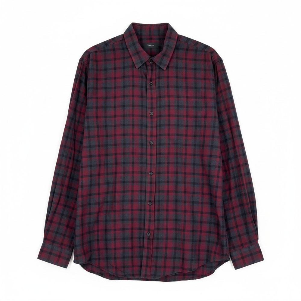 Theory Clean Placket Shirt Burgundy Charcoal Plaid Cotton Long Sleeve Woven M